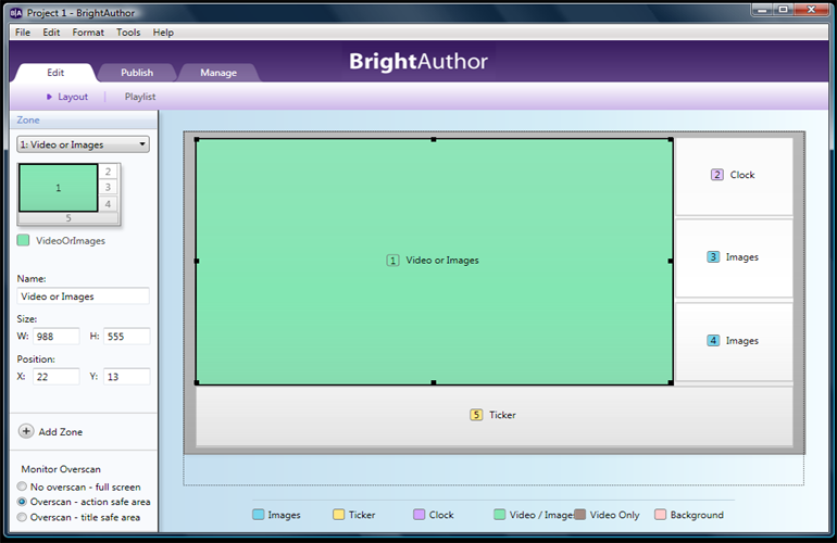 Digital signage content in various zones to allow changes